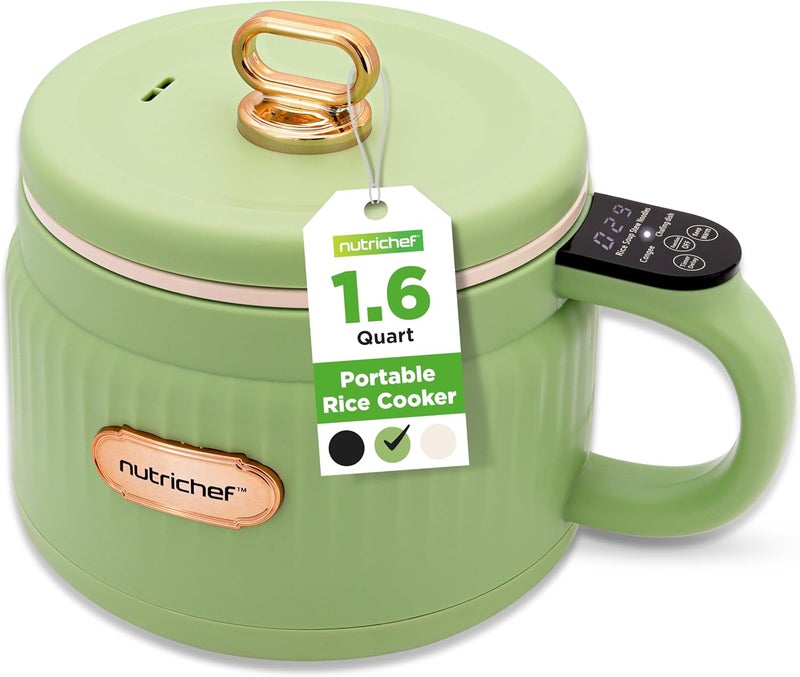 NutriChef 1.6 QT Portable Electric Rice Cooker & Lunch Maker | Multi-Functional & Non-Stick Ceramic Coating | Digital Control Panel | 6 Cook Functions: Rice, Soup, Stew, Porridge & More | Green - Image 1
